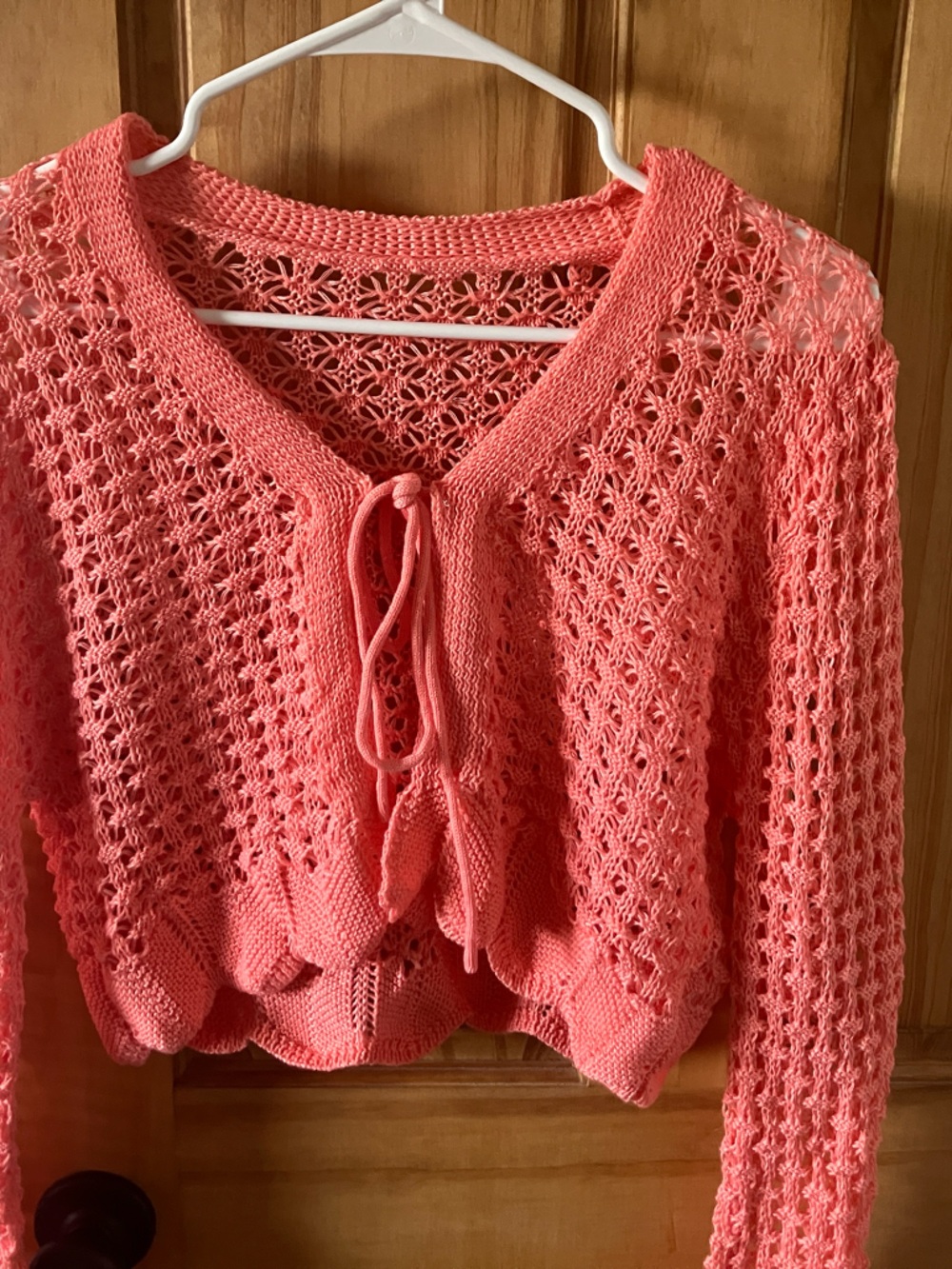 Source Unknown Coral Tie-Front Open-Knit Cardigan